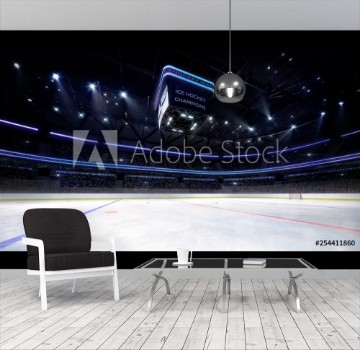 Picture of Empty ice hockey arena indoor playground view illuminated by spotlights hockey and skating stadium indoor 3D render illustration background my own design
